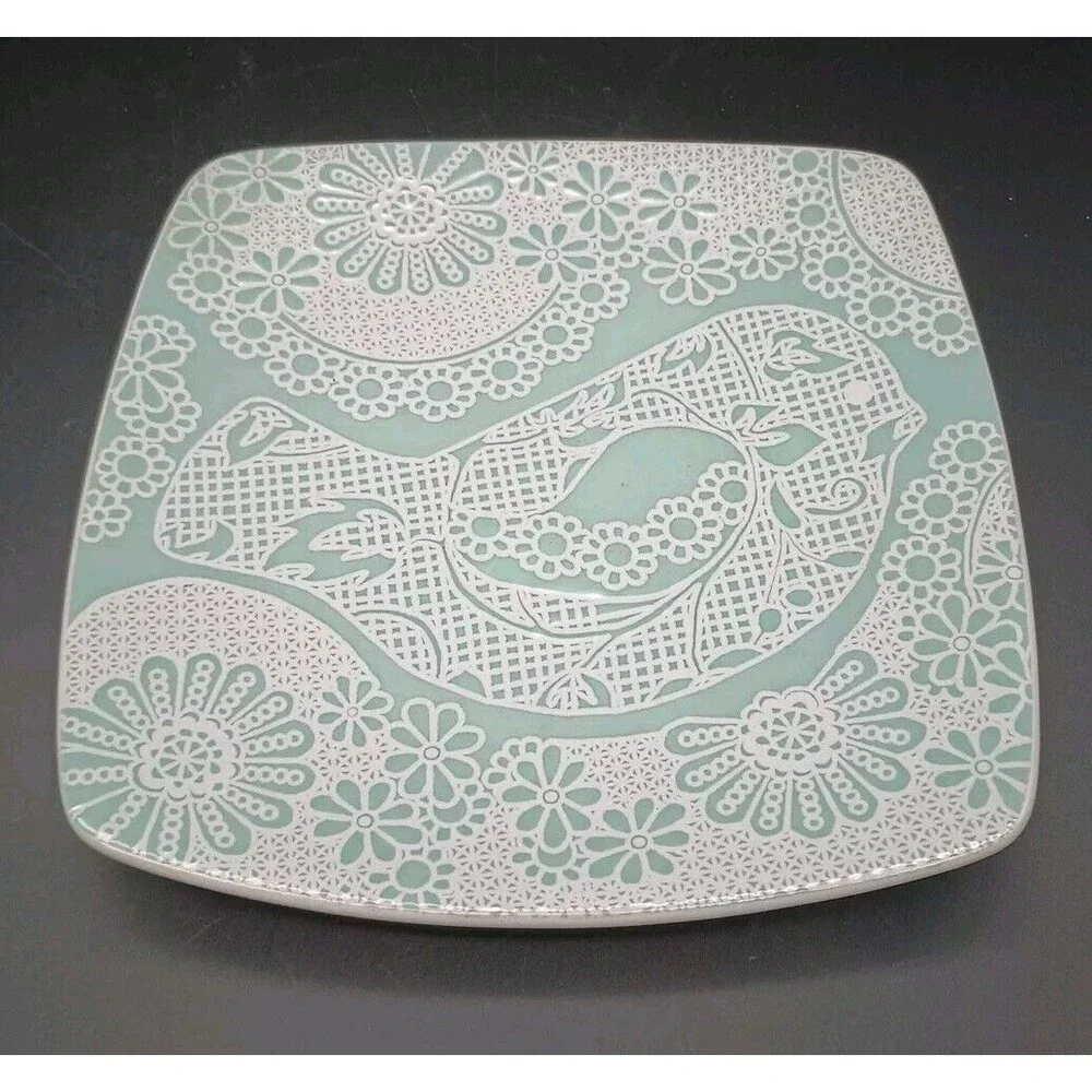 Roscher Canary Plate Embossed Bird Boho Teal Floral Square